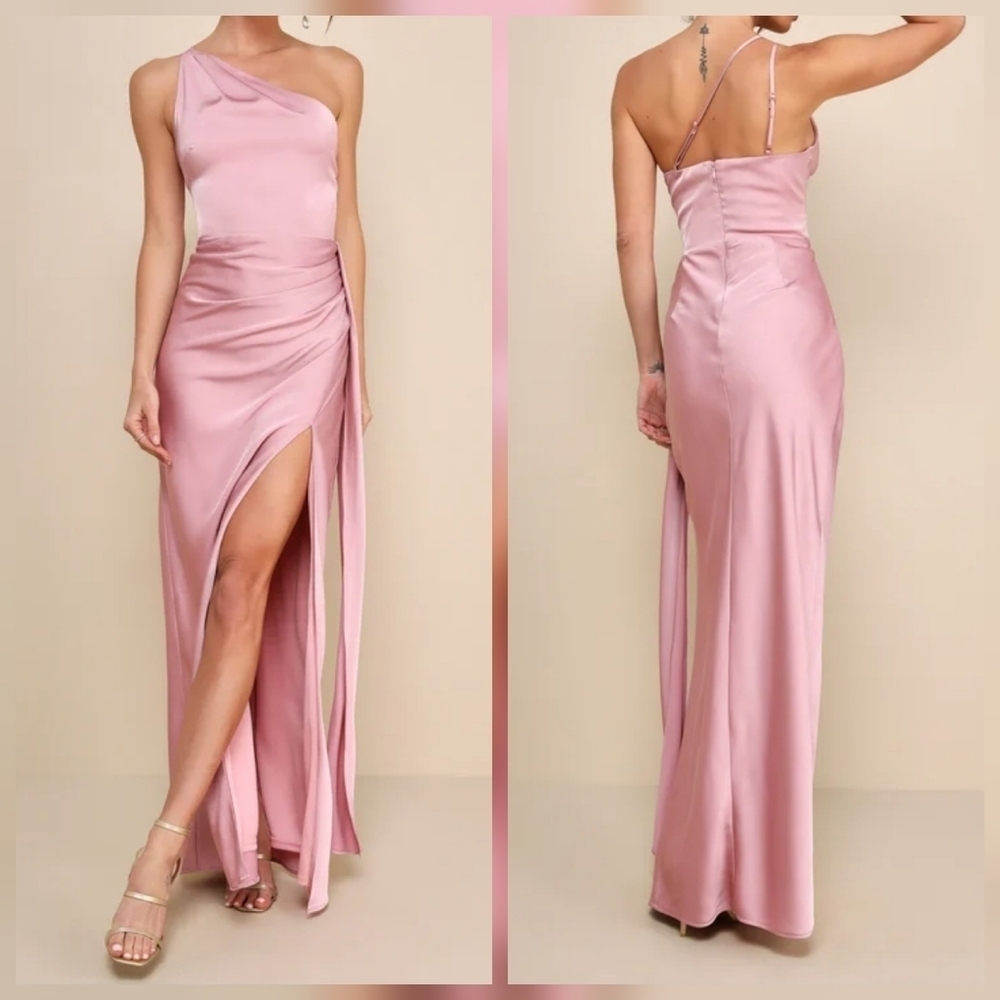 Lulus Signature Elegance Rose Satin One-Shoulder Maxi Dress, Size XS